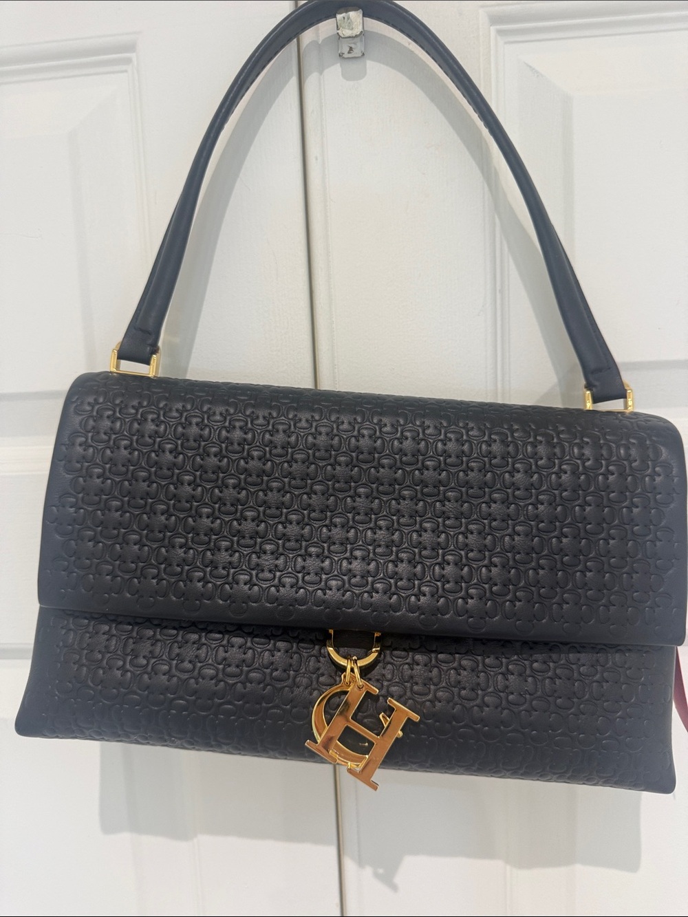 Carolina Herrera Black Embossed Leather Shoulder Bag with Gold HW Charm